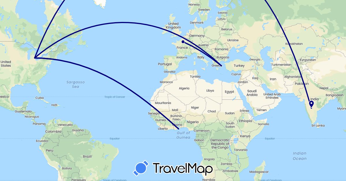 TravelMap itinerary: driving in France, Ghana, Greece, India, United States (Africa, Asia, Europe, North America)
